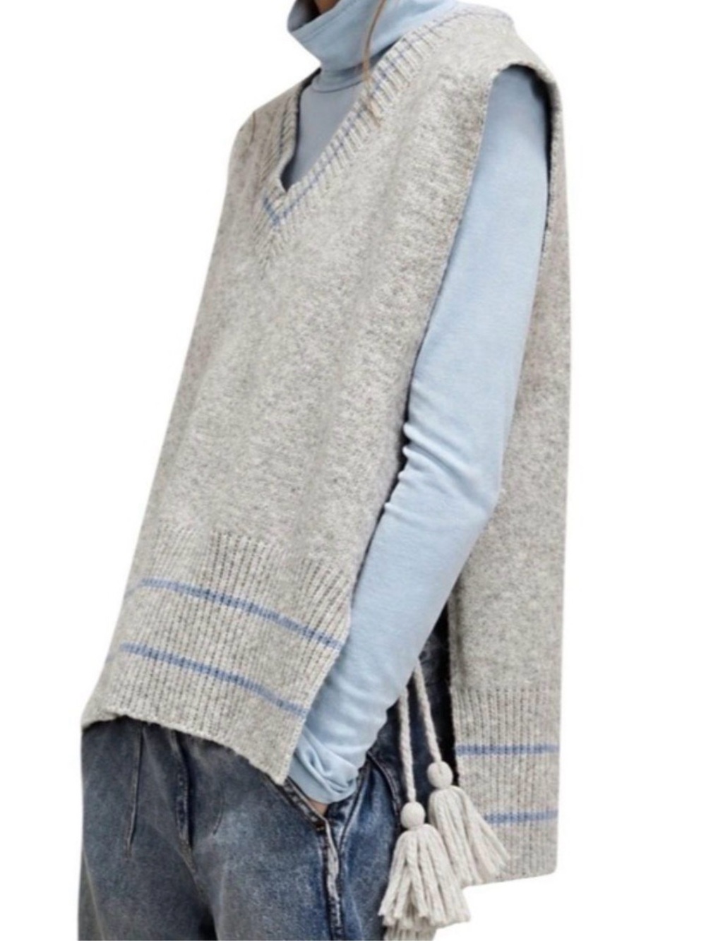 Free People All Star Stripe Poncho Vest Gray Bkue V-Neck NWOT